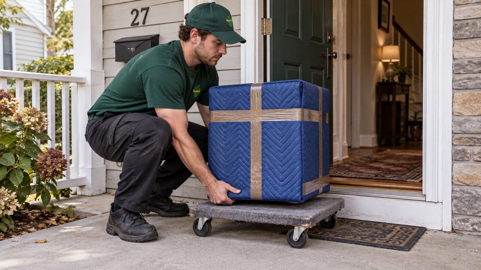 Mover lowering a padded nightstand onto a furniture dolly beside an open doorway