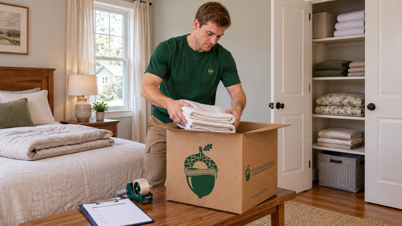 A mover in a forest-green crewneck packs folded sheets into a compact branded Medium carton supported on a sturdy bedroom bench.