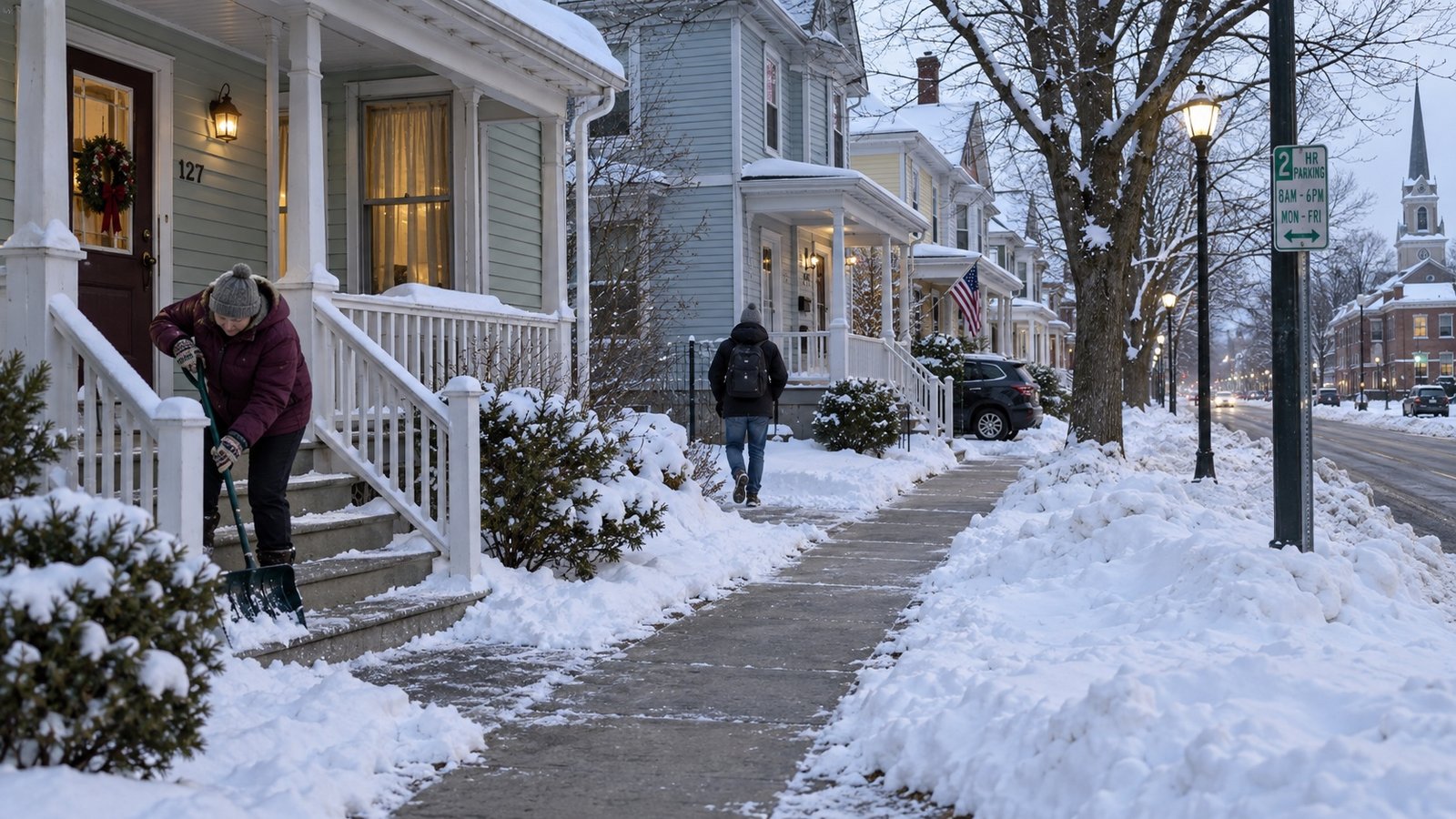 A residential street after snowfall with plowed piles and cleared sidewalks.