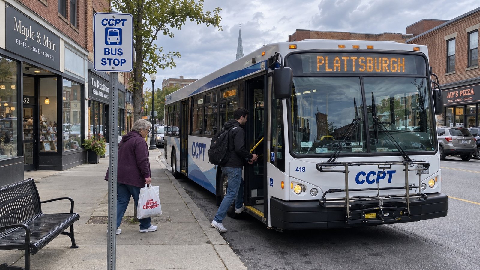 A small-city street with a local bus among older commercial buildings.