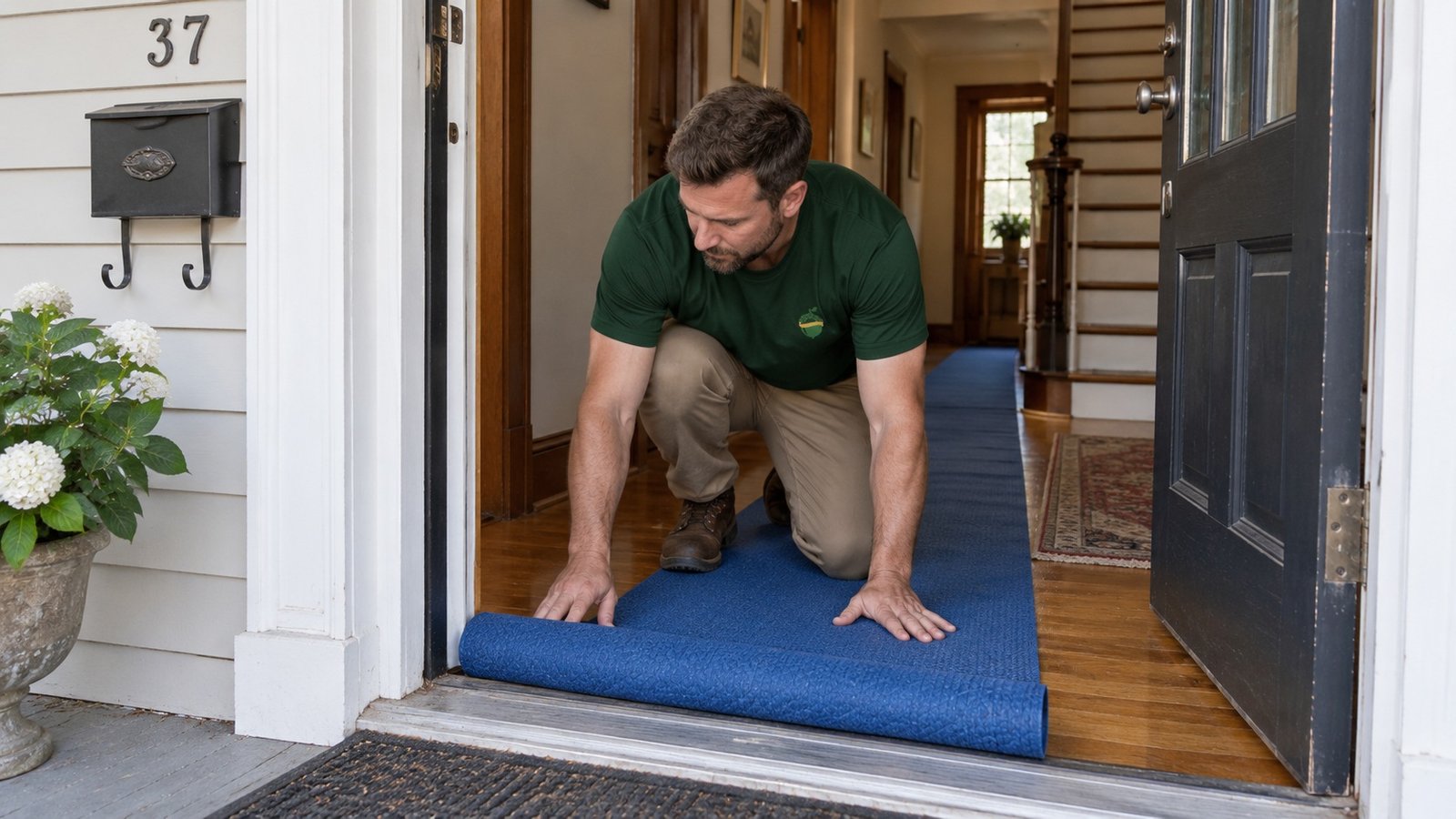 Protecting the entry route A mover in a dark green Sterling Oakbridge t-shirt laying a protective floor runner at a house entry.