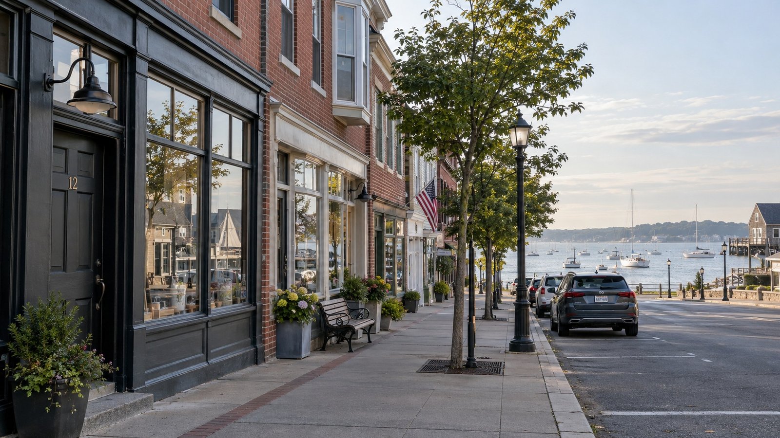 Illustrative New England harbor-side street with brick storefronts and water beyond.