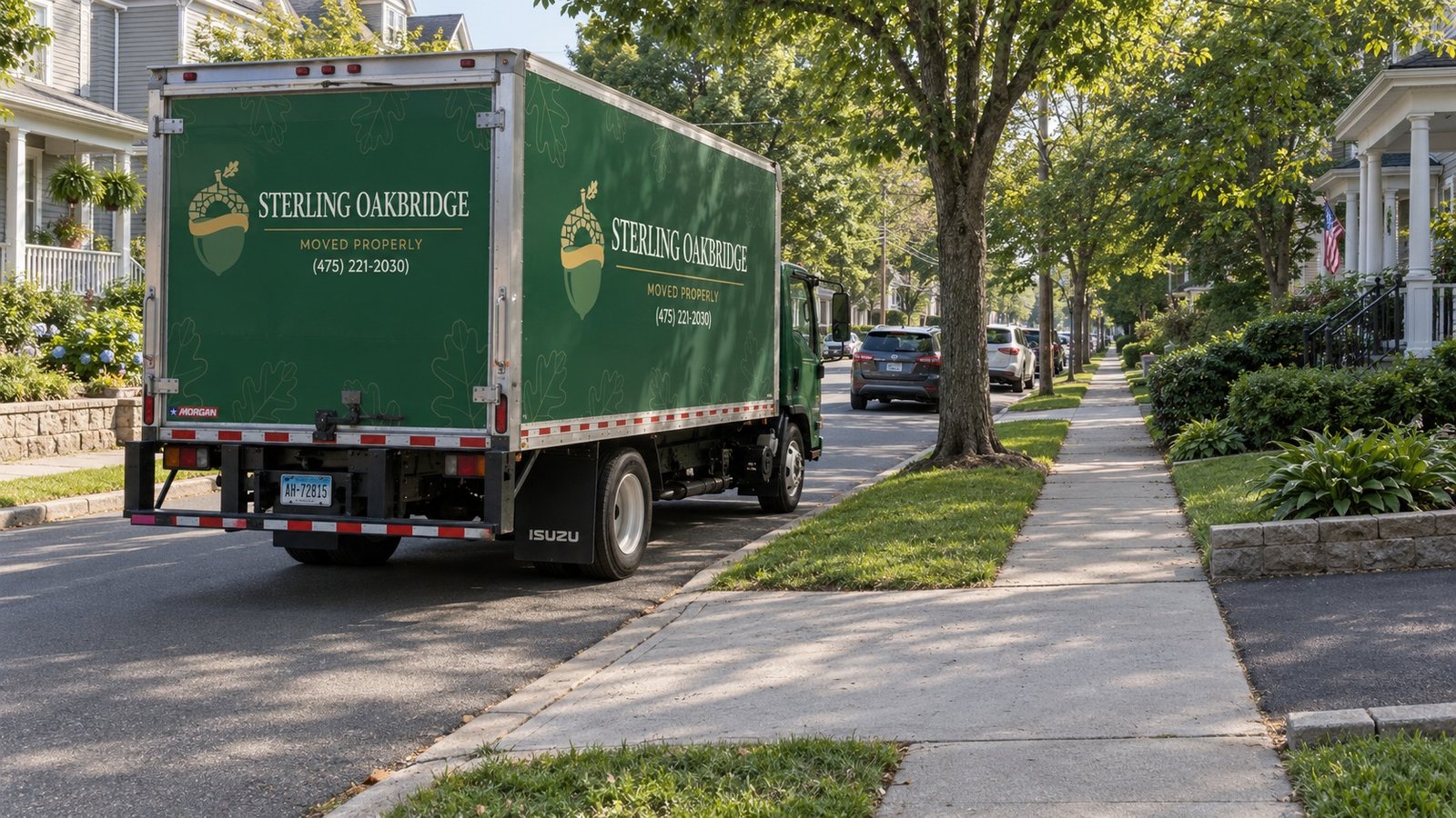 Truck staged on the street side A dark green Sterling Oakbridge box truck parked along a residential street beside a driveway, clear of the travel lane.