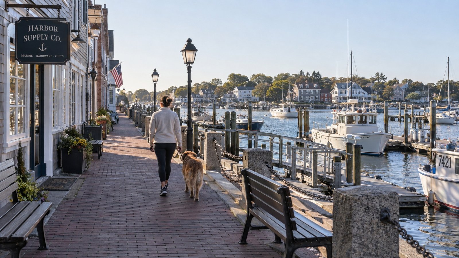 A person walking a dog beside boats on an illustrative New England harbor promenade.