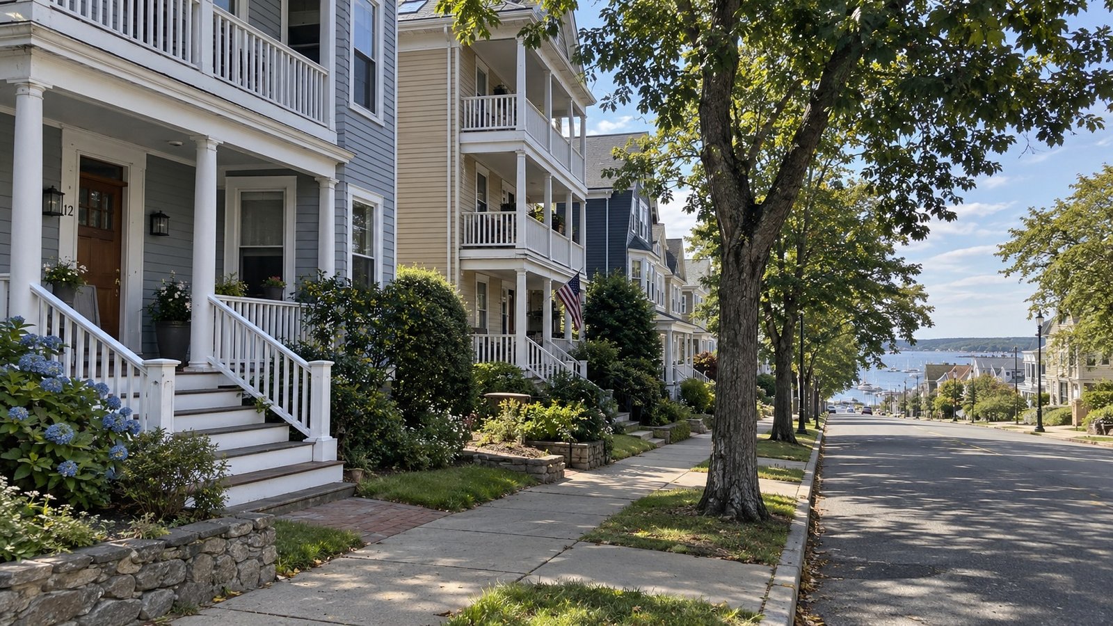 A downtown-edge street Illustrative New England street of older houses with porches, a sidewalk and the harbor beyond.