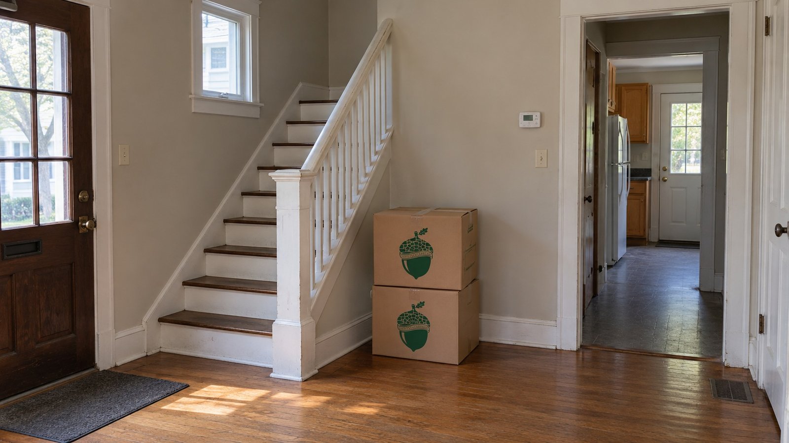 An older house interior with a staircase and a clear passage to a sunlit room, two kraft cartons stacked by the wall.
