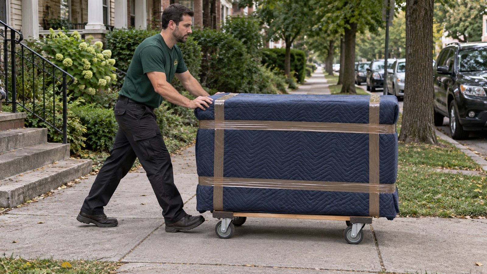 Rolling the dresser on a dolly A mover in a dark green Sterling Oakbridge t-shirt rolling a blanket-wrapped dresser on an open-frame furniture dolly along a level sidewalk.