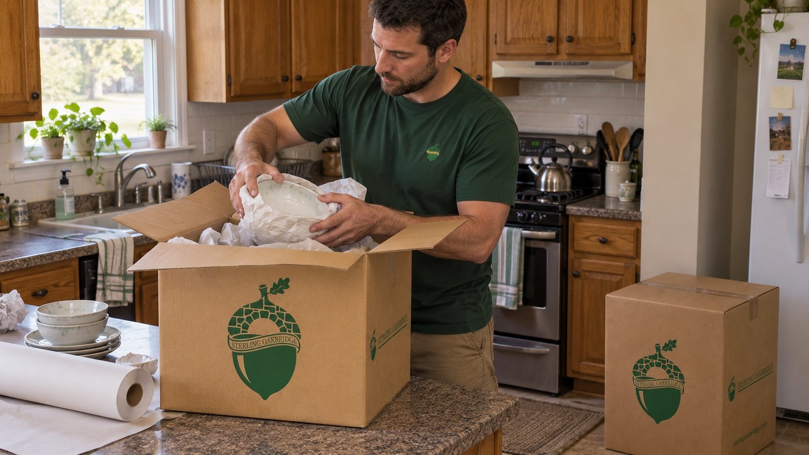 Packing the kitchen A mover in a dark green Sterling Oakbridge t-shirt packing a kitchen into a kraft carton on a clear counter.