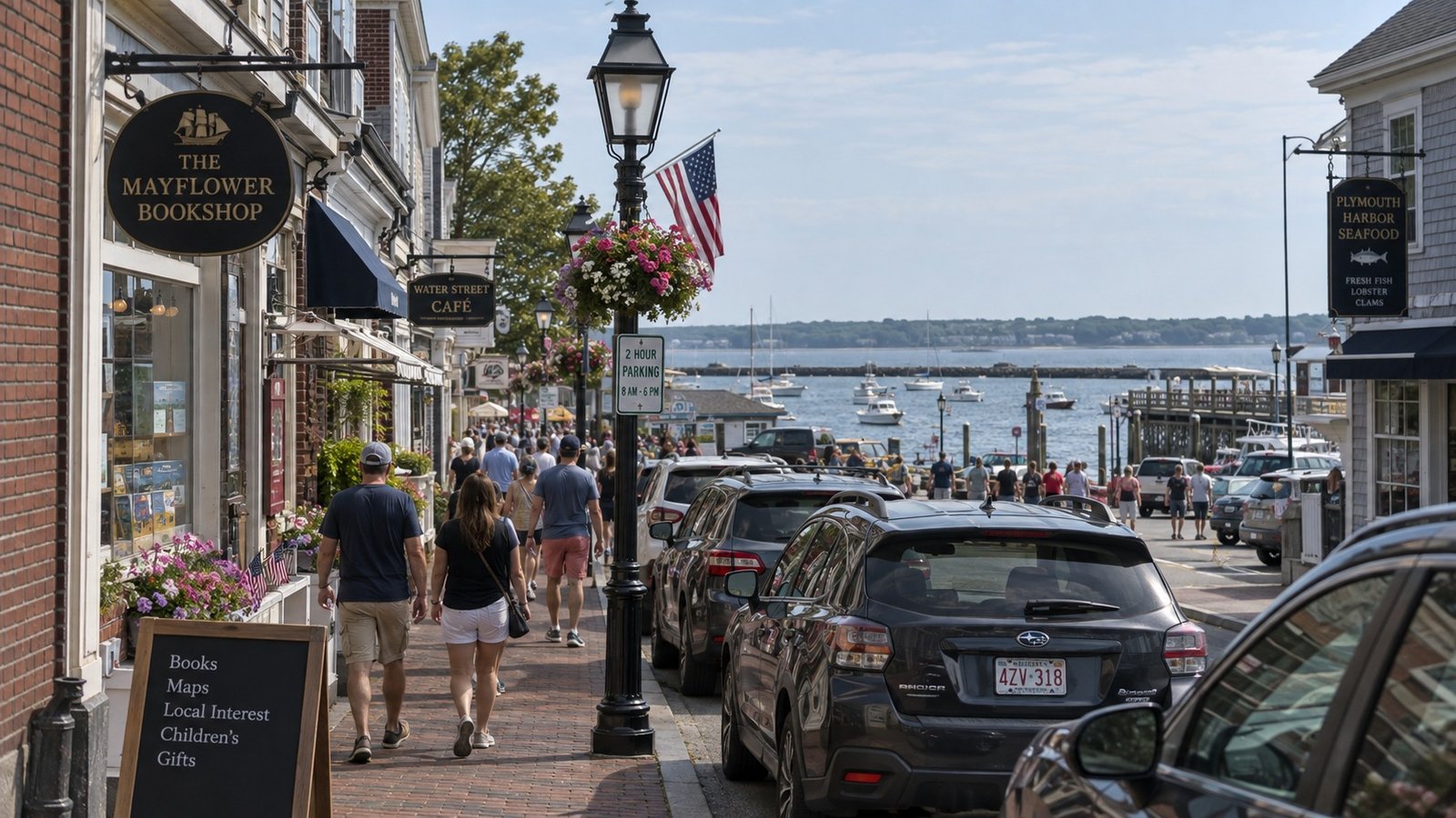 A busy summer street near the waterfront with parked cars and visitors walking toward the harbor.