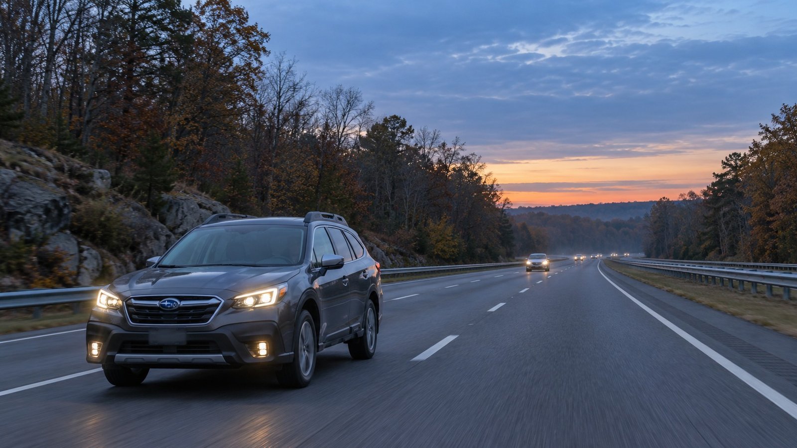 A car traveling on an illustrative tree-lined highway at dawn.