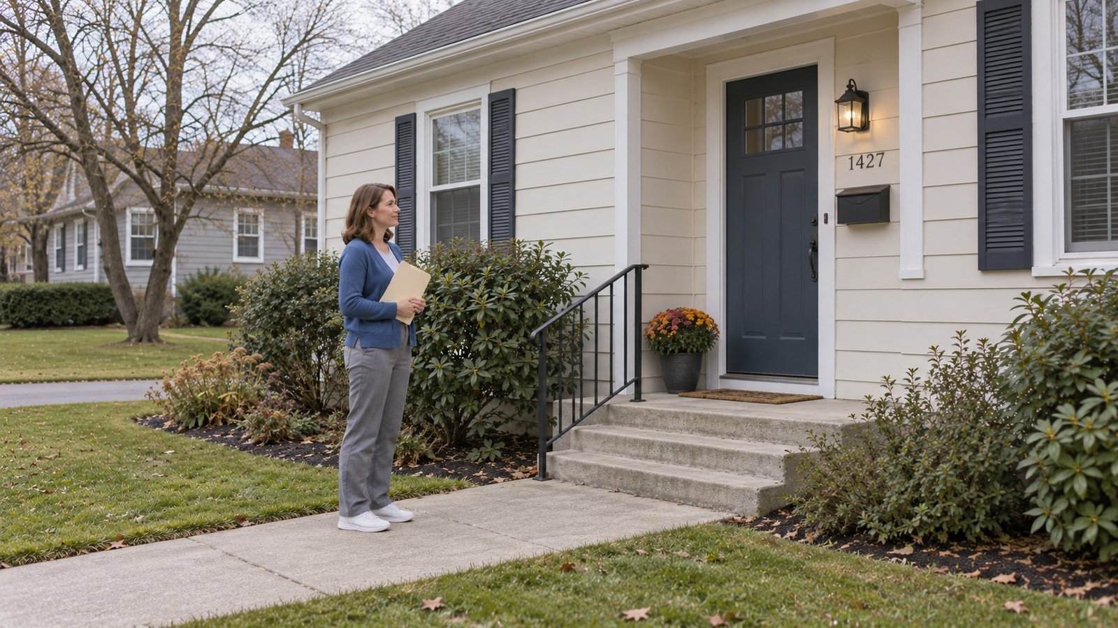 Keep arrival confirmations accessible An ordinary resident holding a thin plain folder outside a modest home.