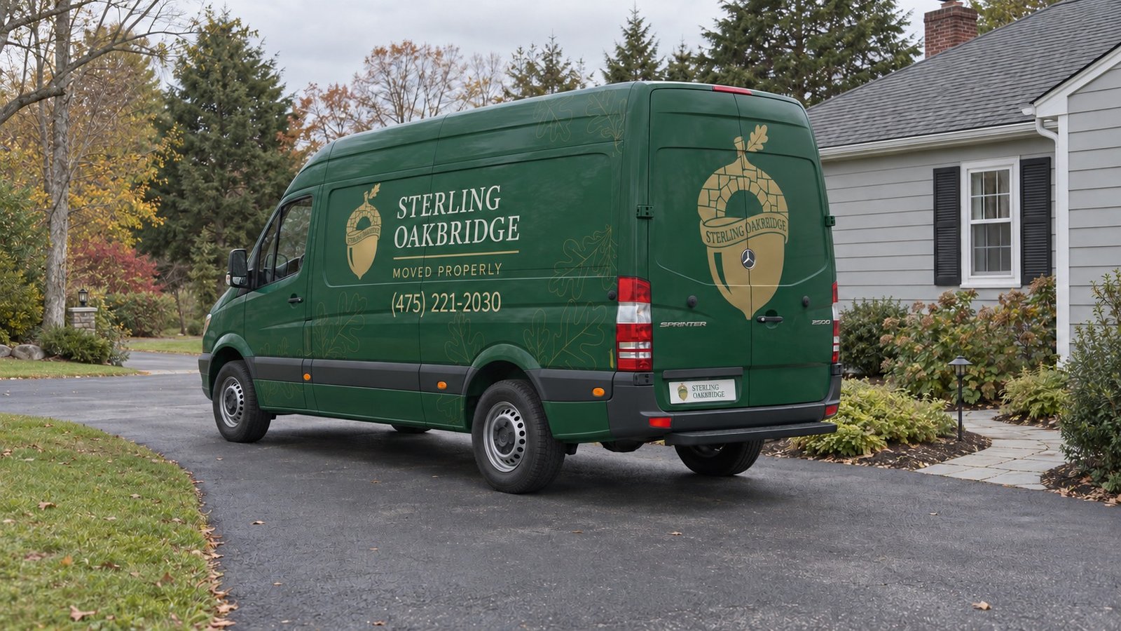 Resolve the vehicle position A complete green company moving van standing on a private paved driveway.