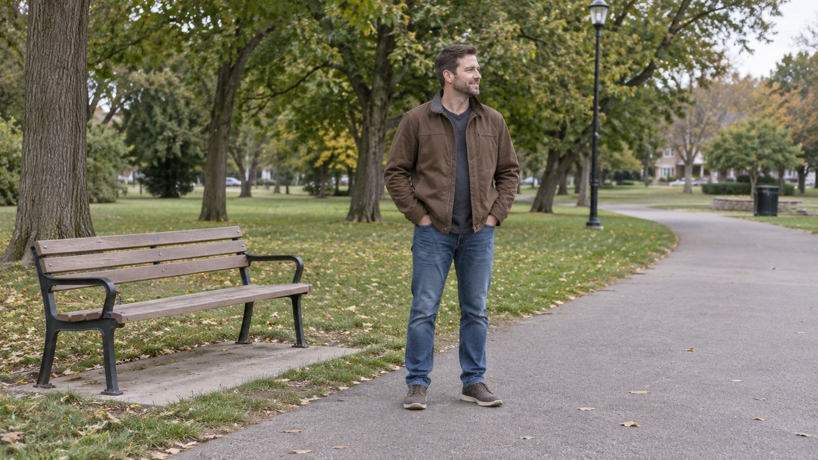 Arrange an everyday outdoor visit An ordinary resident standing beside a complete bench on a broad outdoor path.