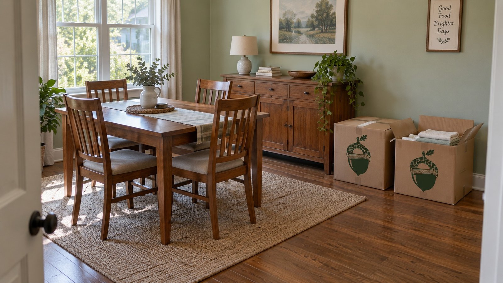 Inspect a usable everyday room An ordinary dining room with a complete table and chairs and two kraft Medium cartons, one open with folded towels.