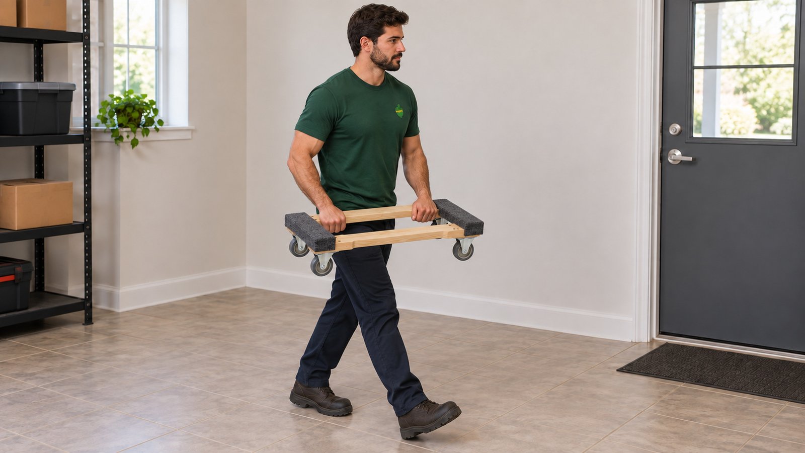 A standing mover carries a compact empty wooden furniture dolly toward a cleared doorway.