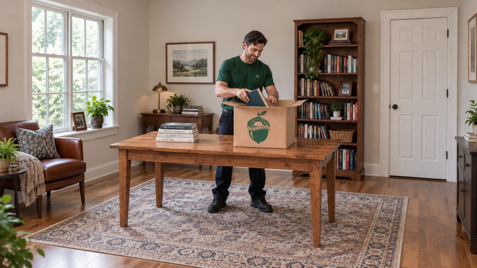 Keep one packing task clear A male company mover preparing one small kraft Book Box at a complete worktable.