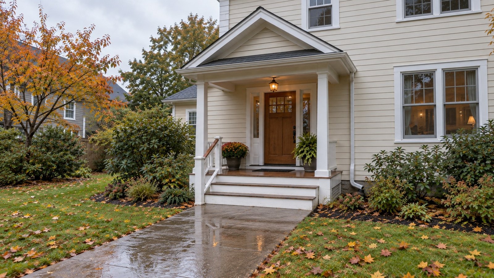 Recheck the approach after conditions change A complete modest porch and paved entry with autumn leaves beside the path.