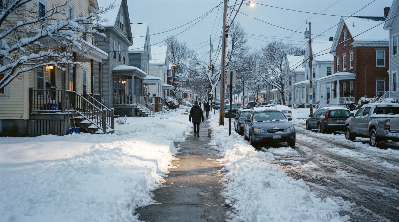 Snow beside a residential sidewalk and parked cars, with a person walking along the cleared path.