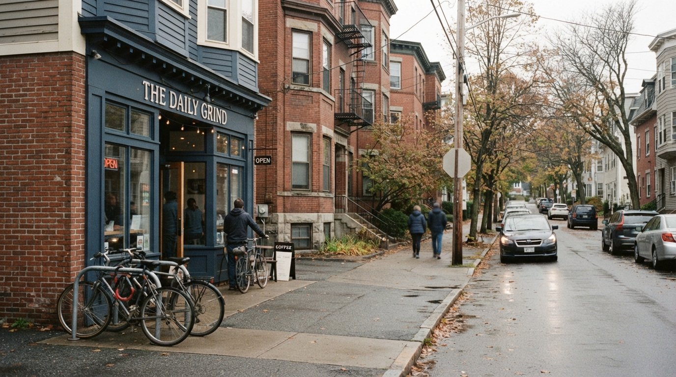 A corner shop, bicycles and pedestrians beside brick residential buildings.