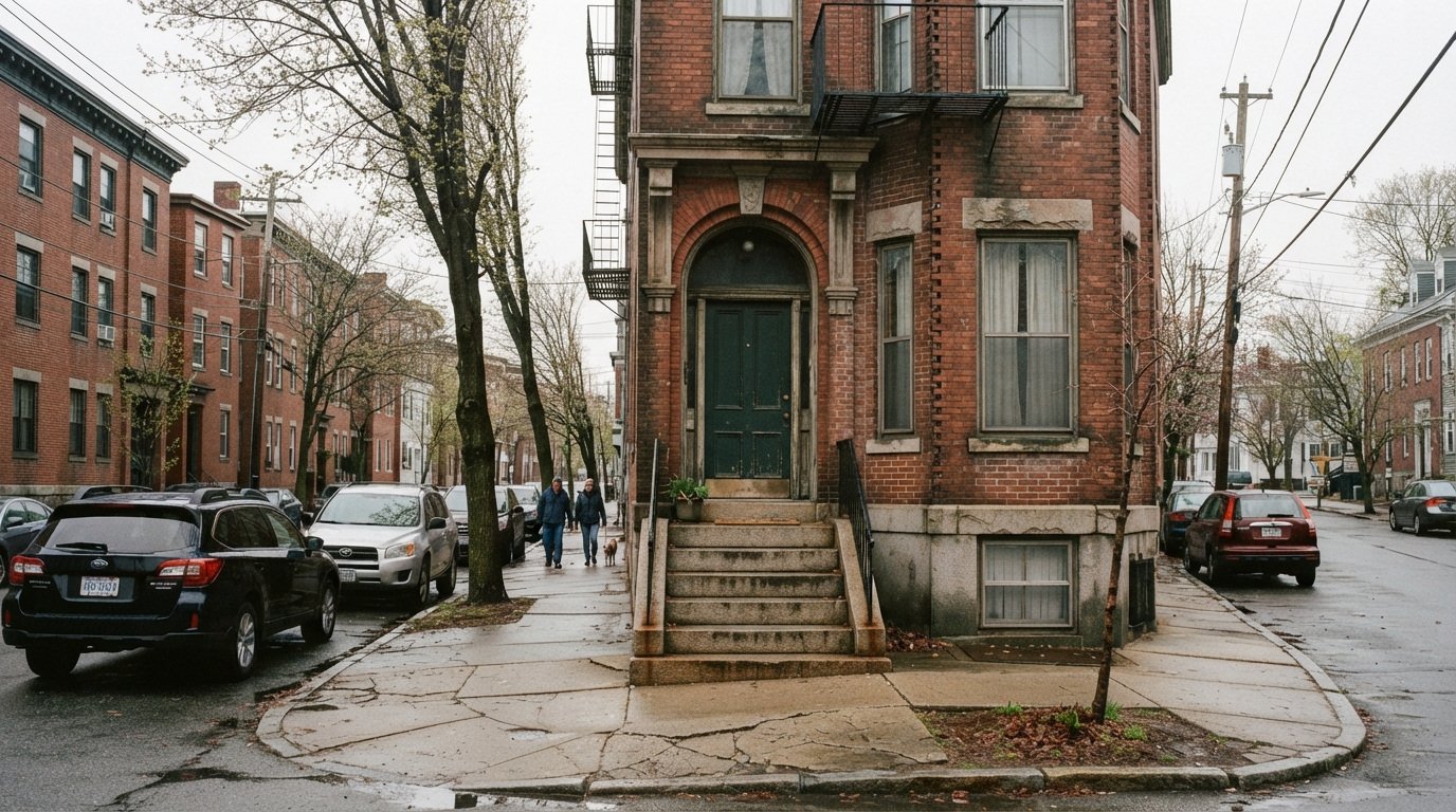 A brick apartment building on a street corner, with entrance steps and parked cars.