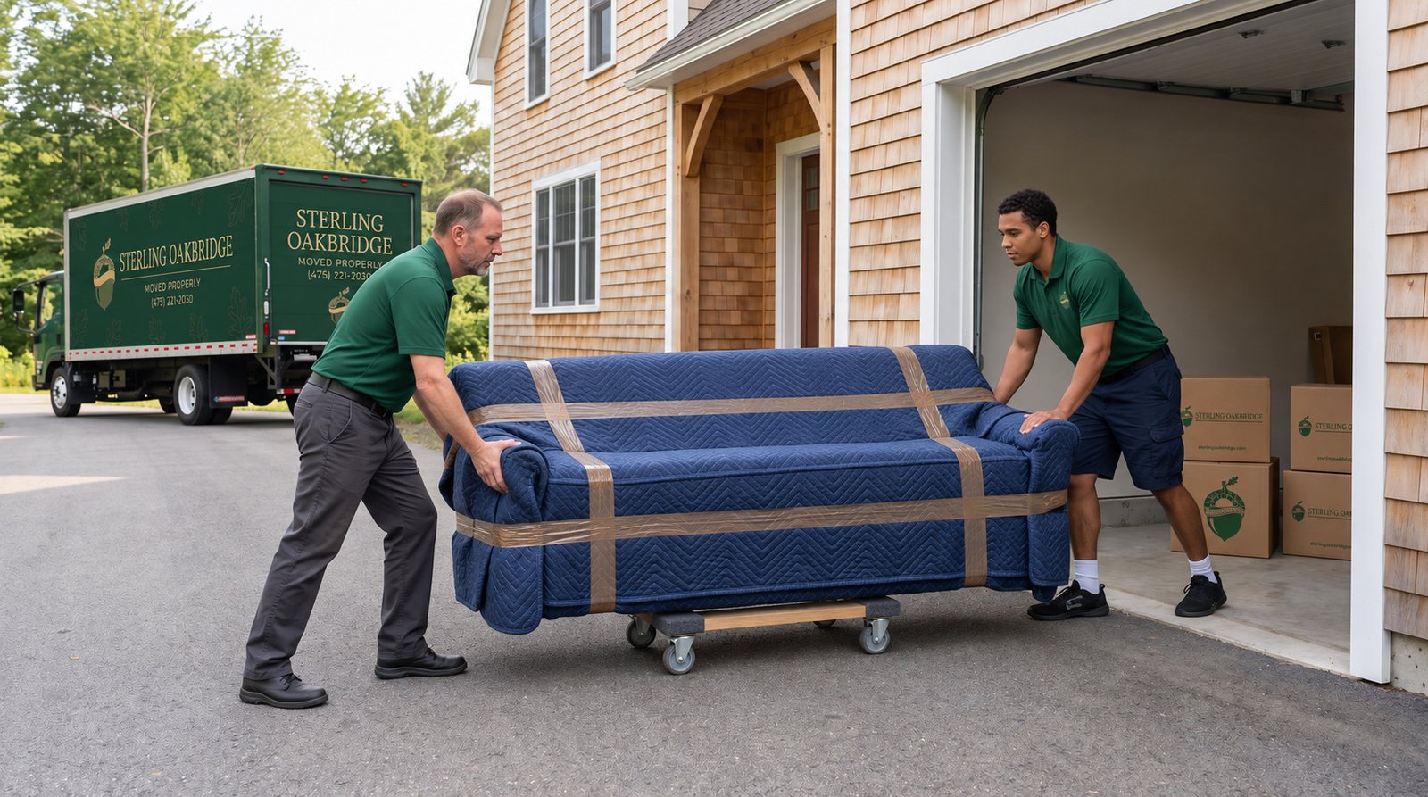 Two movers steady a blanket-covered sofa on one central wooden dolly outside an open garage.