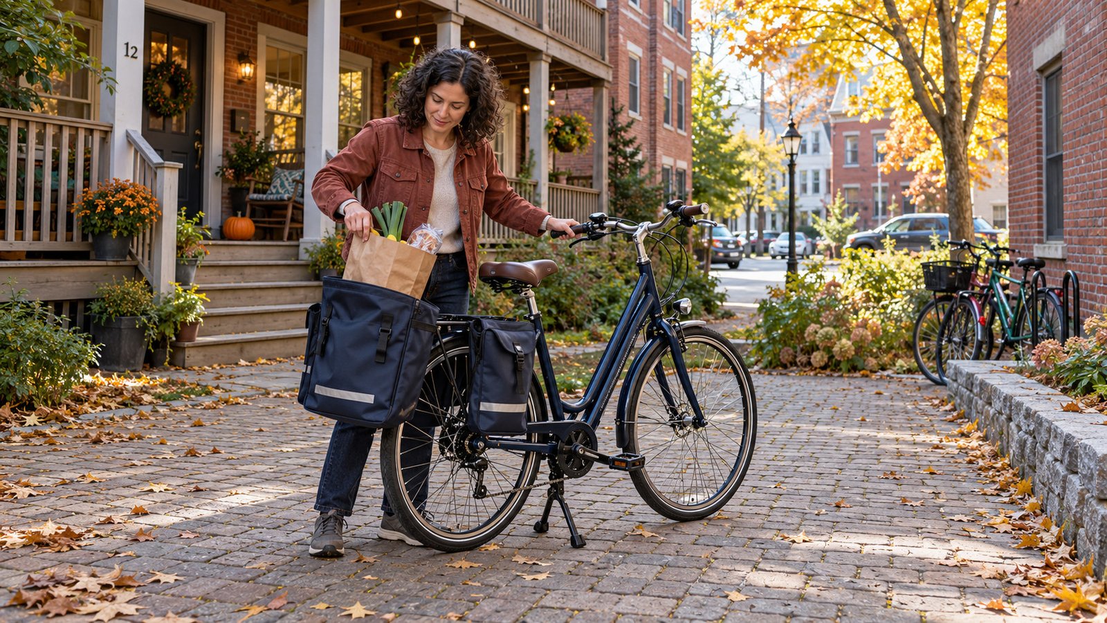A resident lowering a grocery bag into an open rear pannier on a bicycle supported in a residential courtyard