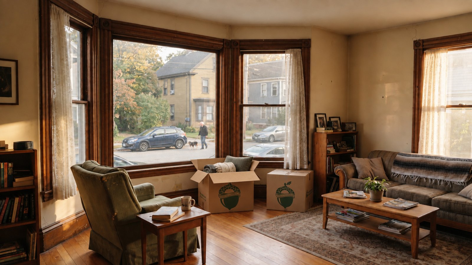 An open Sterling Oakbridge carton holds household linens beside a closed carton in a furnished bay-window living room.