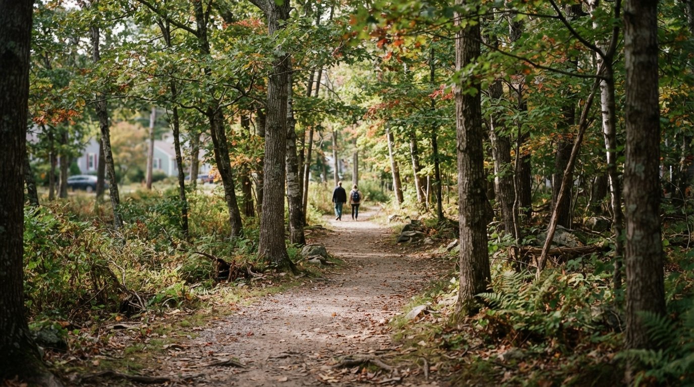 A shaded woodland path with people walking between trees.