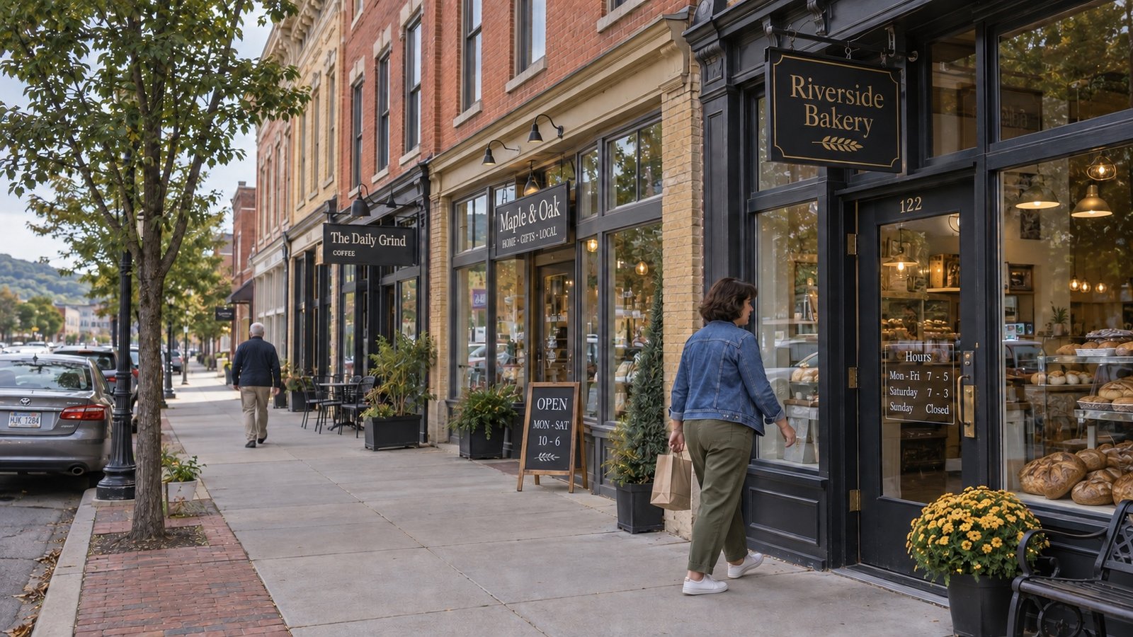 Woman with a paper bag approaching a bakery beside brick storefronts