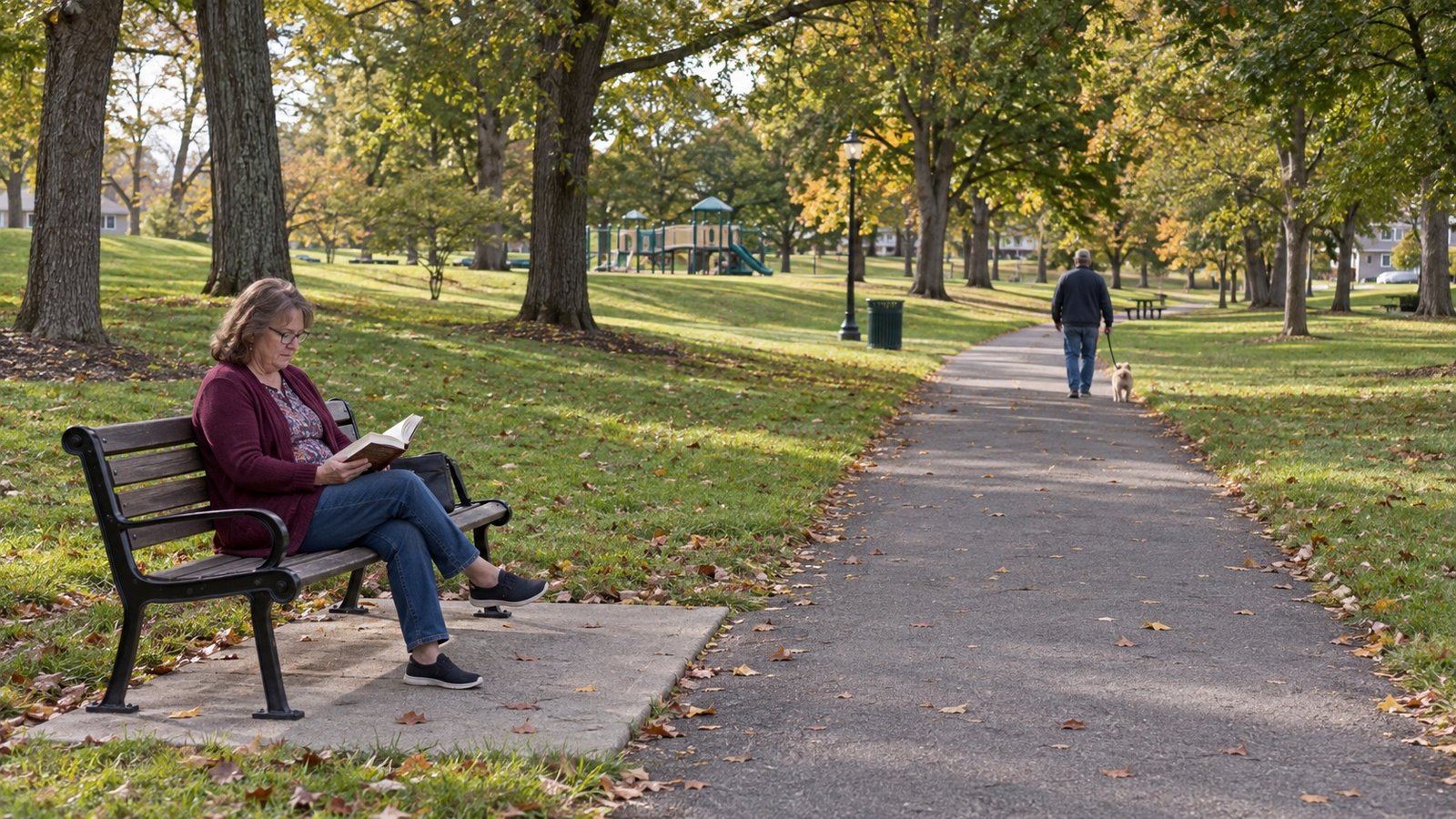Woman reading on a park bench while a man walks a dog along the path