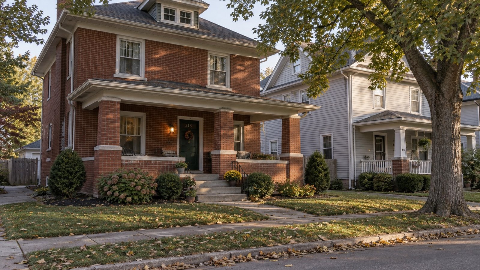 Brick house with a broad porch, green front door and mature autumn tree