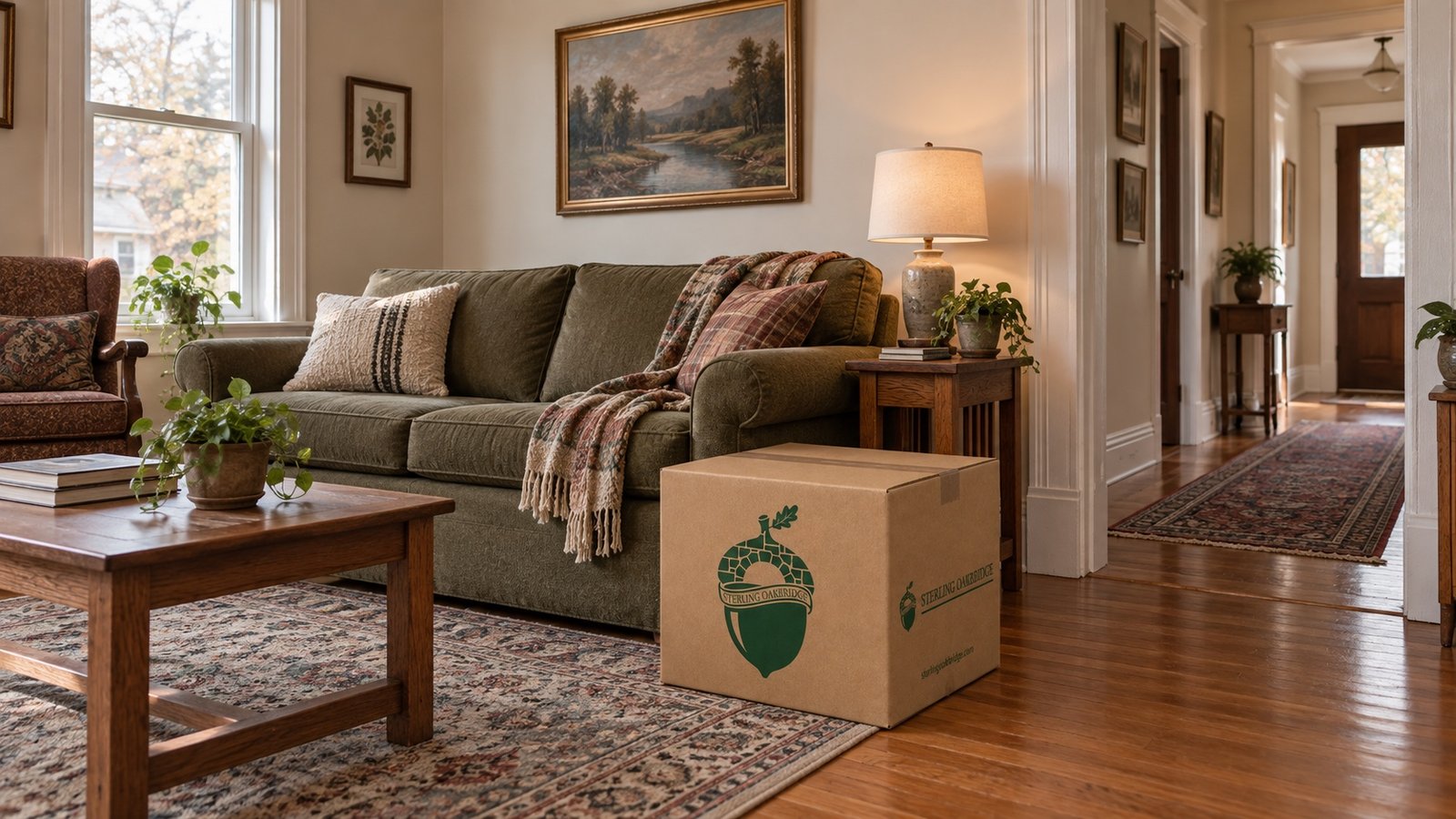Olive sofa, wooden table and branded kraft carton in an older-house living room