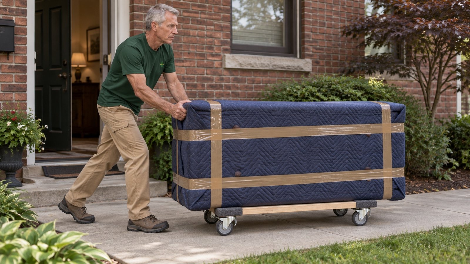 Mover pushing a blanket-protected dresser on a compact wooden furniture dolly