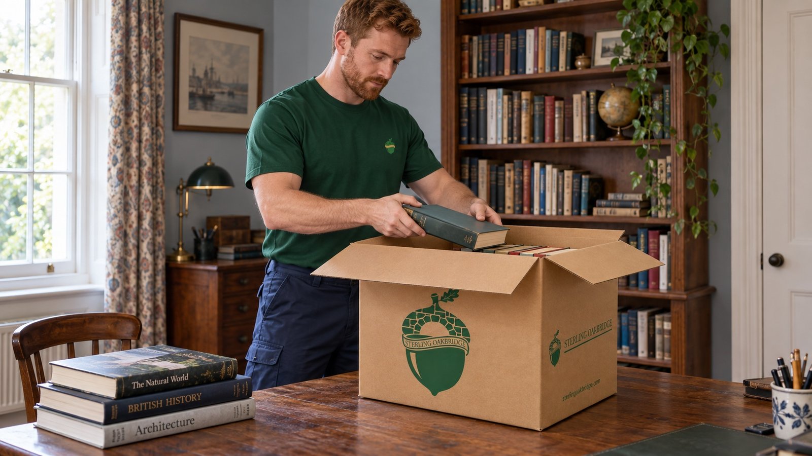 Mover lowering a book into an open branded carton on a wooden table