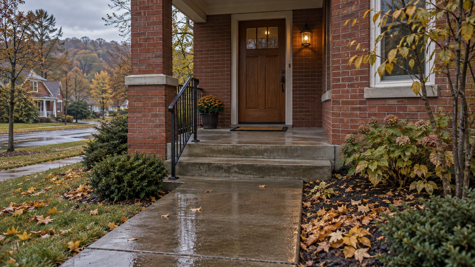 Wet path and concrete steps leading to a wooden door in a brick porch