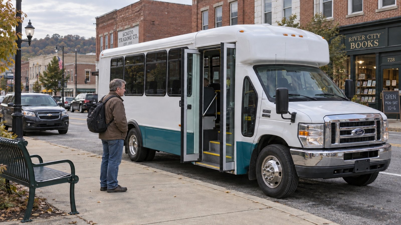 White and teal bus with an open front passenger door beside a waiting man