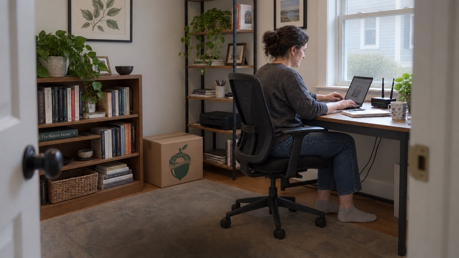 Resident working at a laptop beside a router and window, with a small branded carton next to a bookcase.