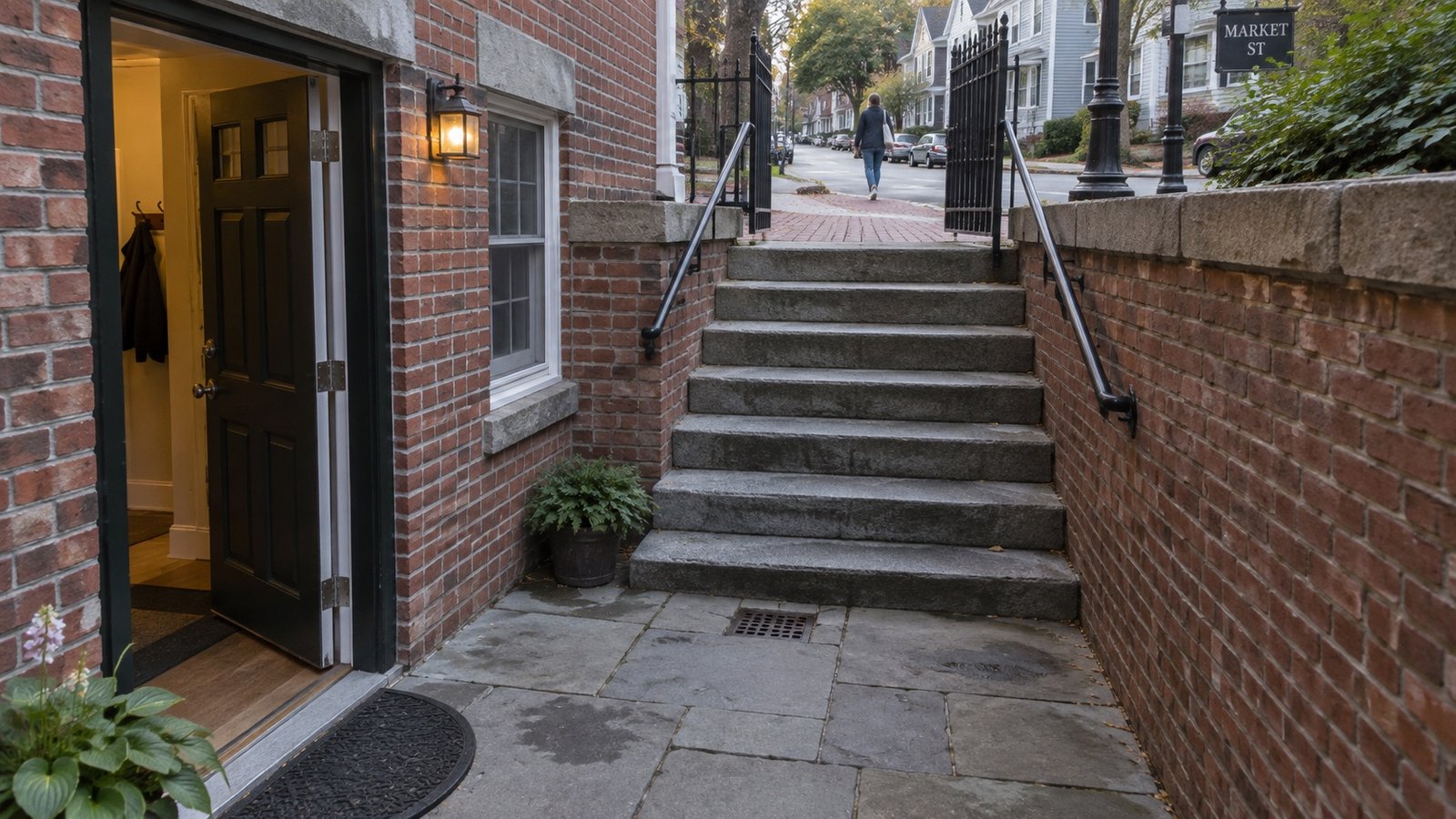 A sunken entrance court below the sidewalk Stone steps descending from a gated sidewalk entrance to a brick entrance court and open residential door.