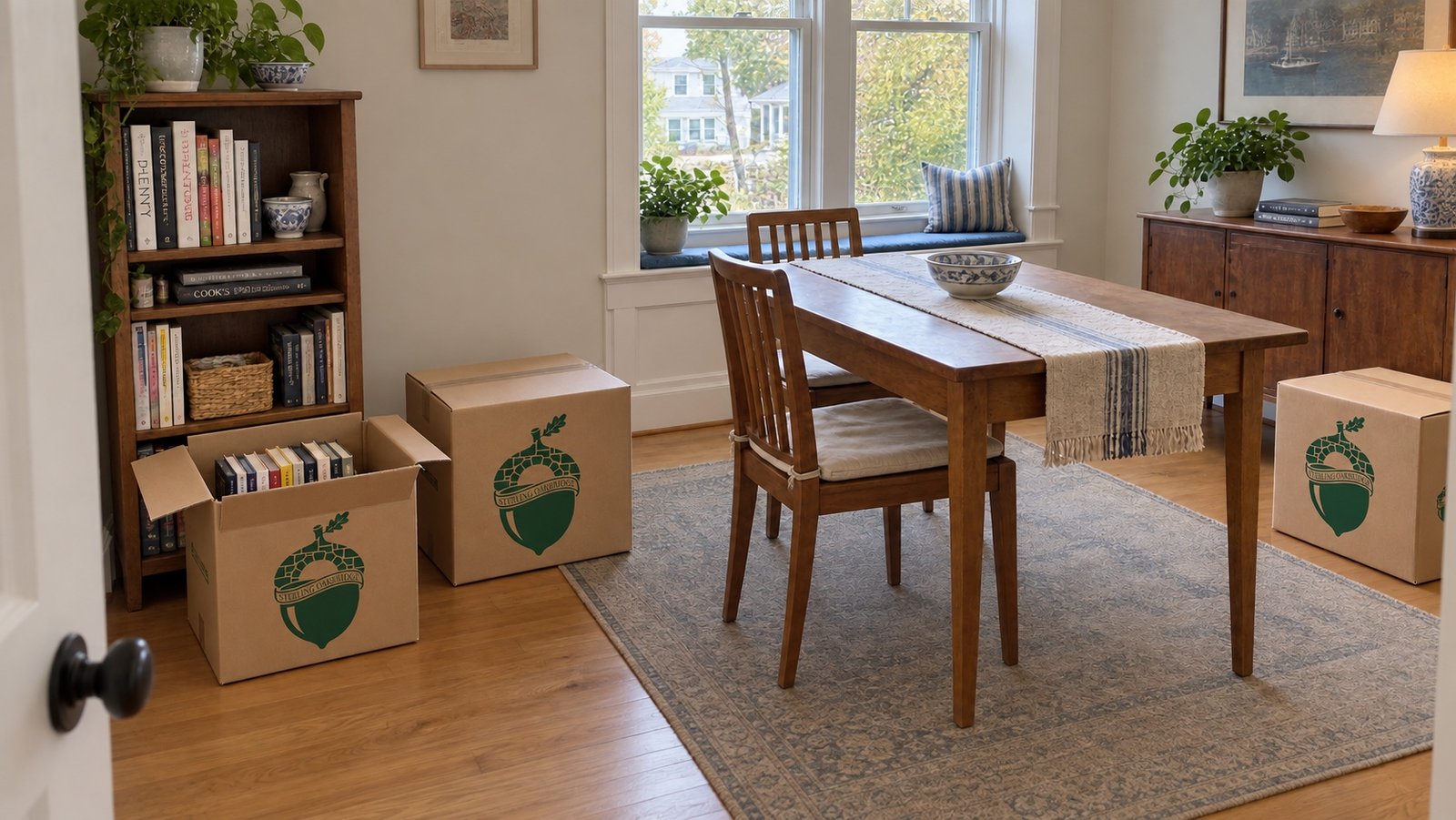 Dining room with a window bench, bookcase, table and branded cartons, including an open carton of books.