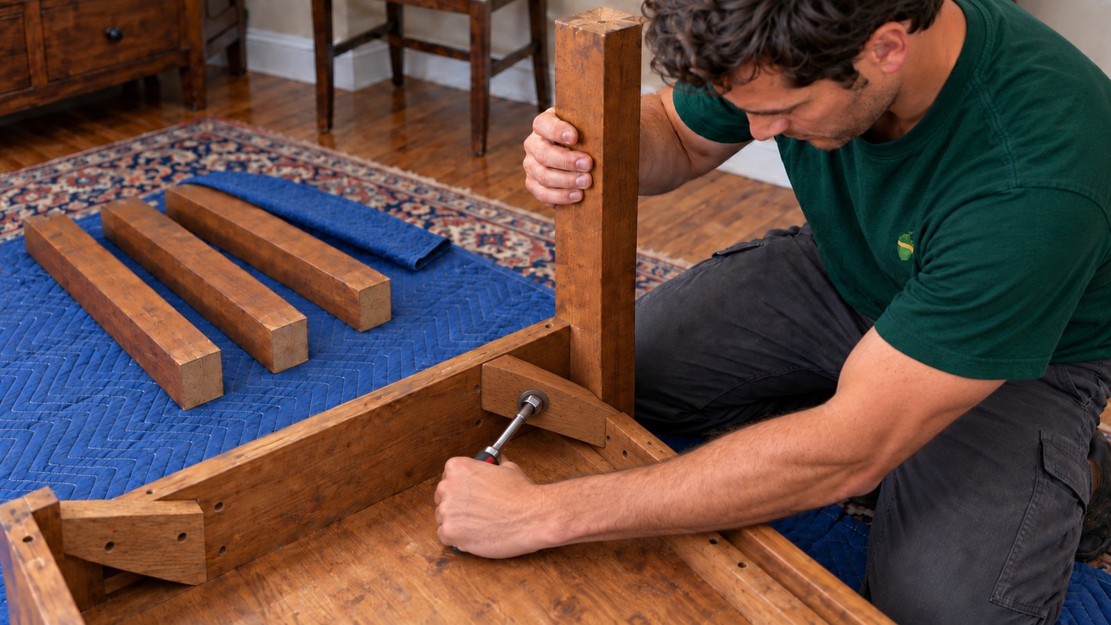 Mover steadying the last attached table leg while a socket wrench engages the inward-facing nut on a diagonal wooden corner brace.