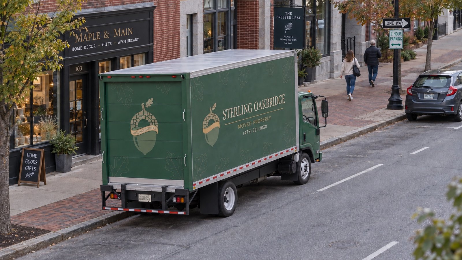 Green Sterling Oakbridge box truck parallel to a curb on a representative one-way commercial street.