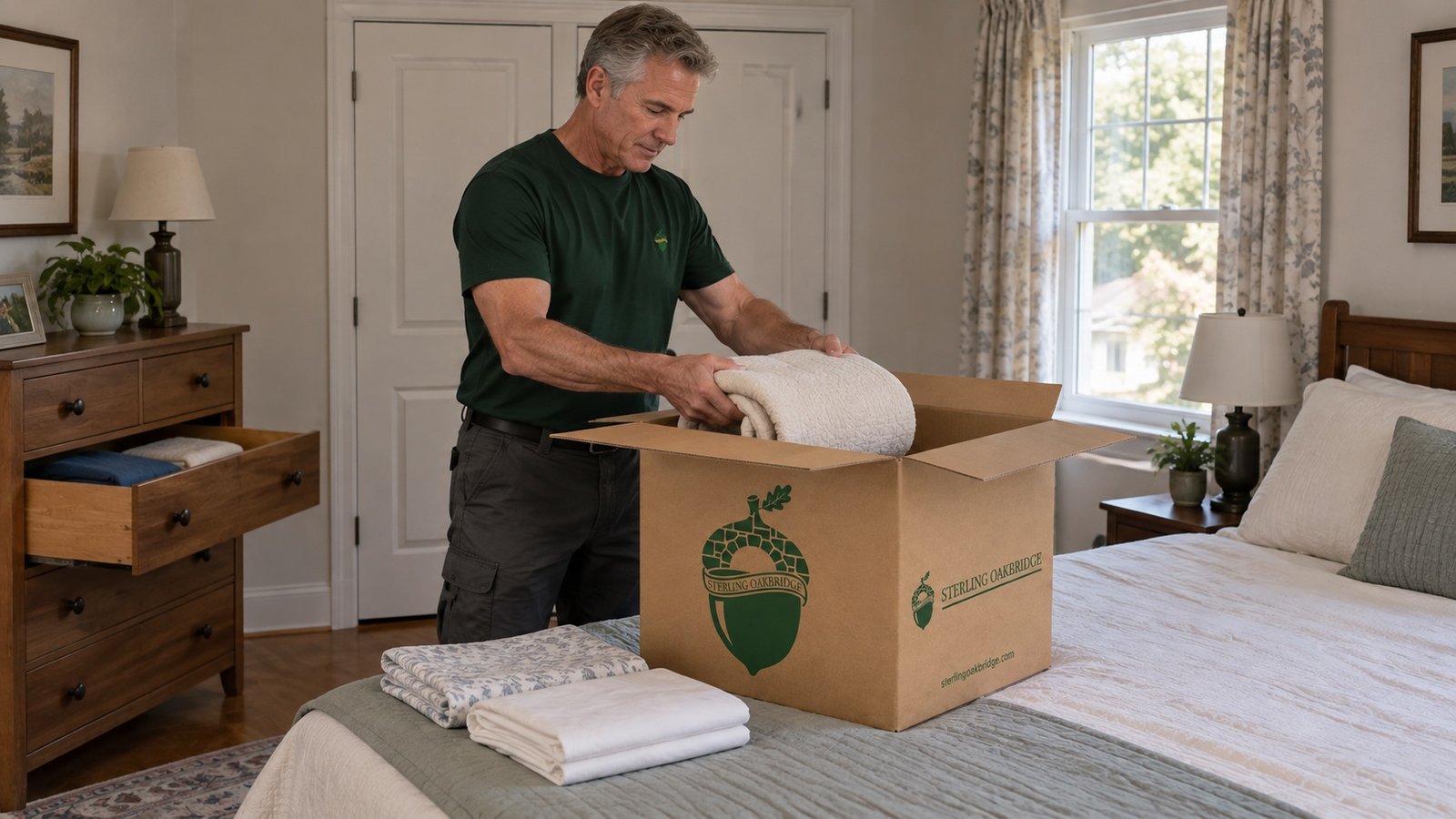 Mover placing folded household linen into an open branded carton supported on a bed.