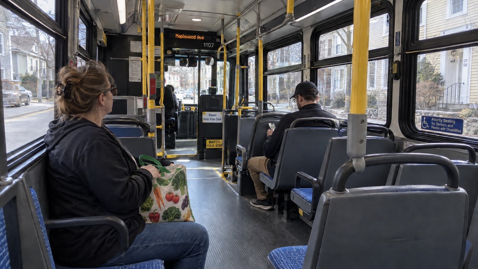 Seated passengers inside a local bus, with a grocery bag, phone and clear central aisle.