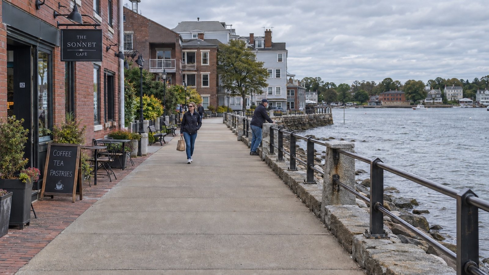 Pedestrians on a waterfront walkway beside brick buildings, cafe tables and a stone-and-metal railing.