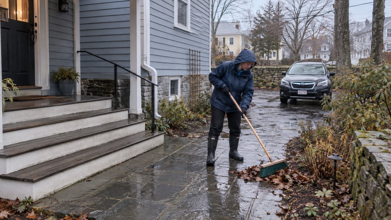 Resident sweeping wet leaves from a paved private path beside porch steps on a rainy day.