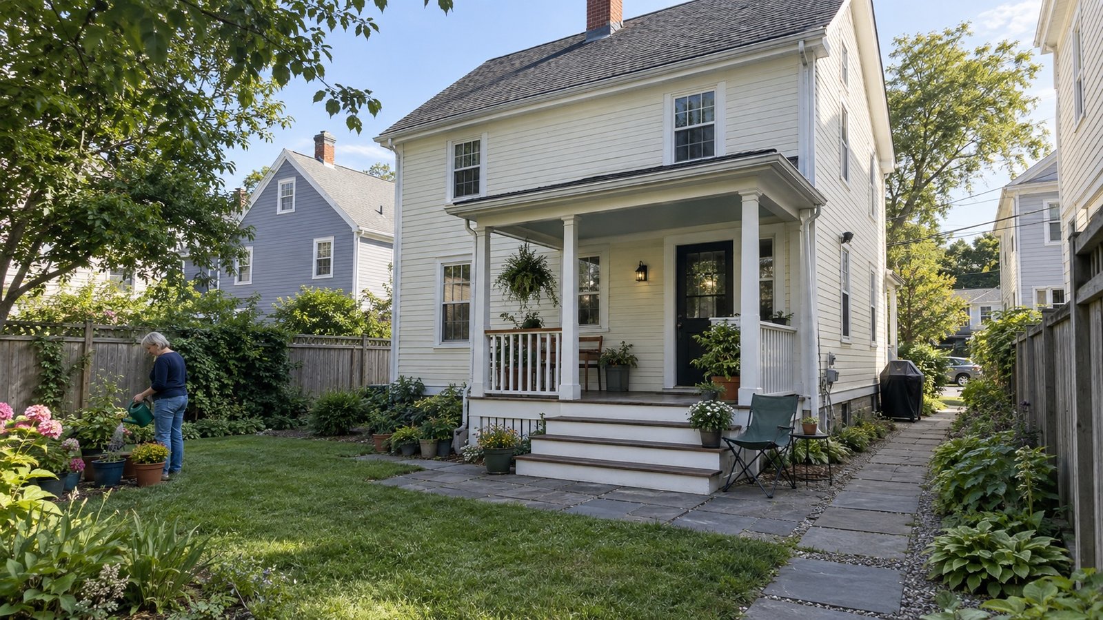 Resident watering plants beside the rear garden and stepped entrance of a wood-sided home.