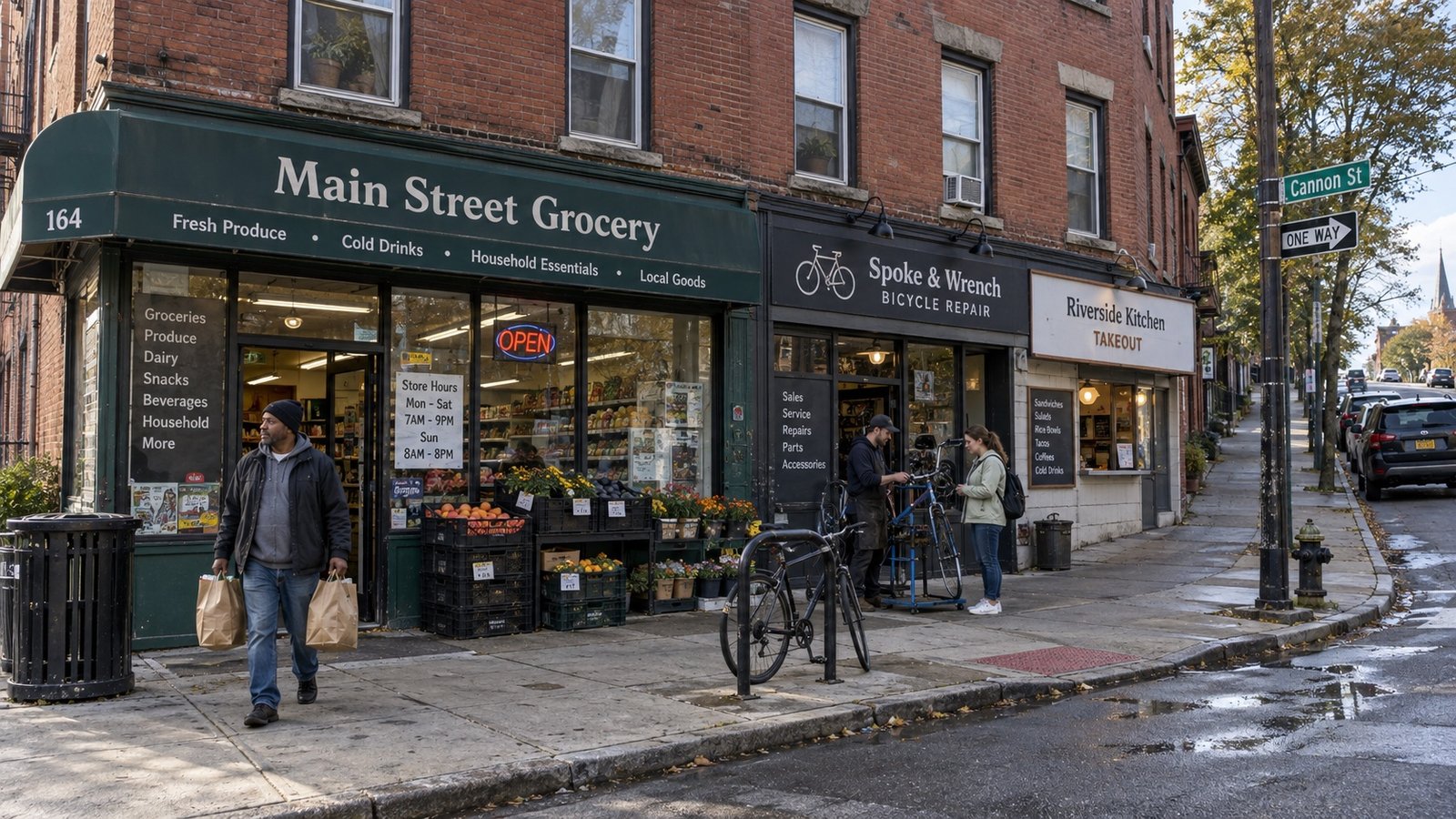 A corner store beside older brick apartment buildings with a bicycle at a rack and distant pedestrians.