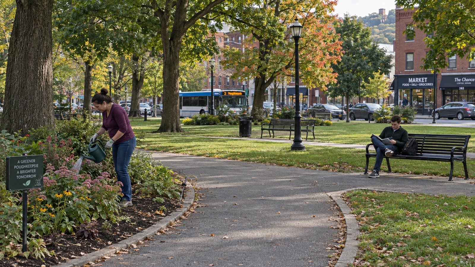 A public park lawn with mature trees turning color, curved paths and city buildings above the tree line.