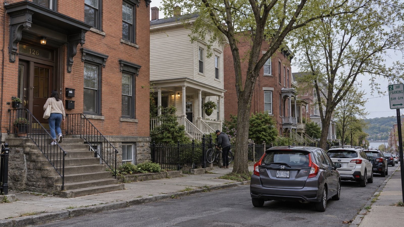 A residential street of older two- and three-family brick and frame homes with front stoops and parked cars.