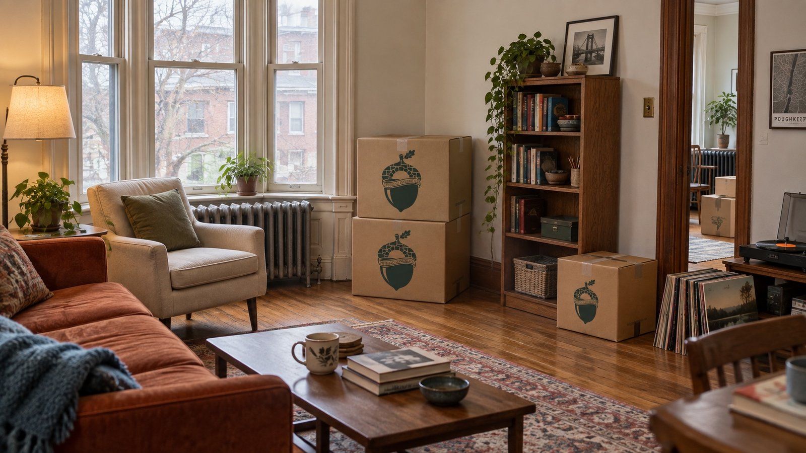A furnished living room with a tall window, radiators below and sealed moving boxes stacked by the wall.